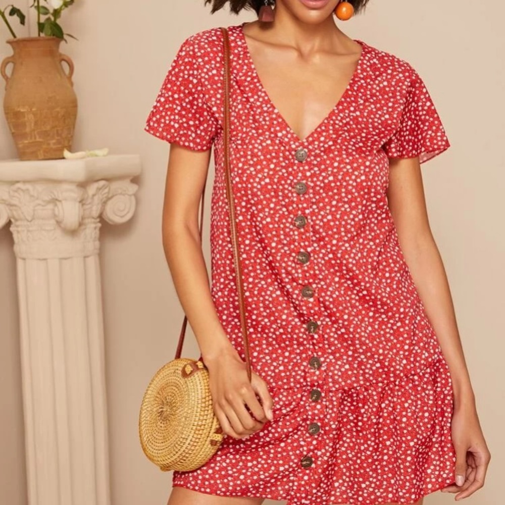 Red dress with white floral print ruffle dress